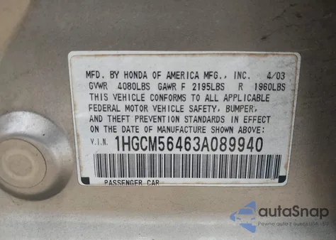 2003 Honda Accord 2.4 Lx из США, поврежденный, VIN 1HGCM56463A089940